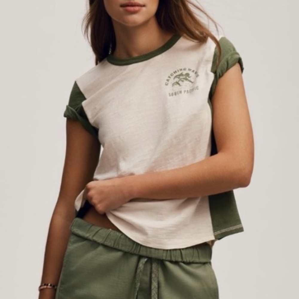 🟠NWT PILCRO by ANTHROPOLOGIE “The Bennie” Cotton-Slub Tee in Ivory/Olive Green S